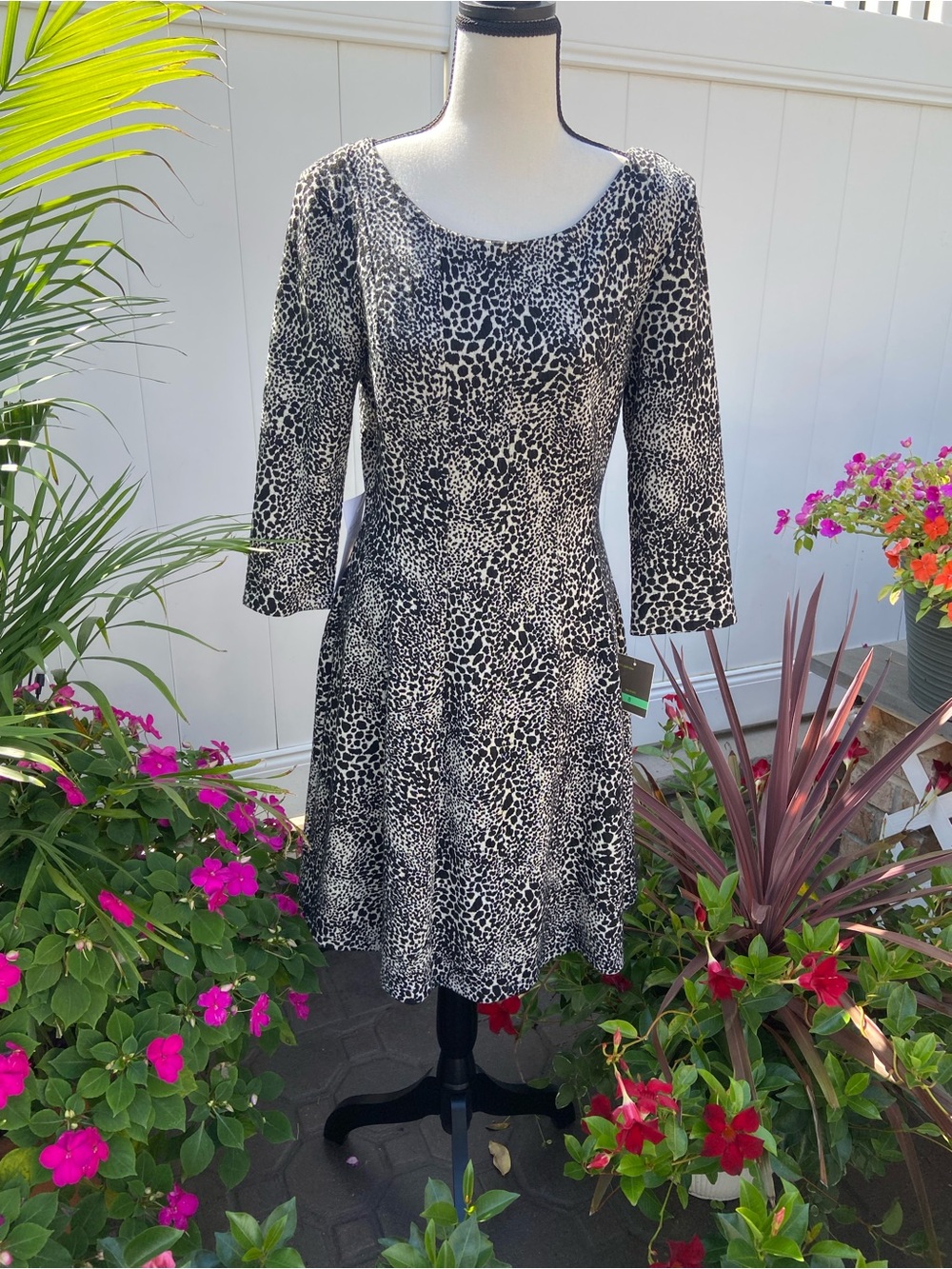 Taylor Black & White Animal-Print Long-Sleeve Fit-and-Flare Dress